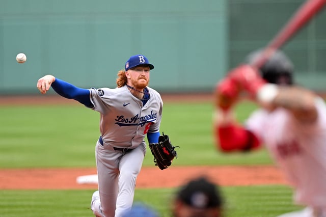 Jul 27, 2025; Boston, Massachusetts, USA; Los Angeles Dodgers starting pitcher Dustin May (85) pitches against the Boston Red Sox during the first inning at Fenway Park. Mandatory Credit: Brian Fluharty-Imagn Images/File Photo