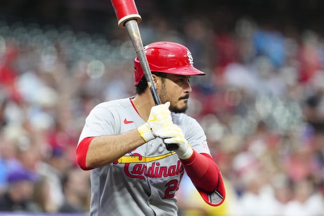 Jul 22, 2025; Denver, Colorado, USA; St. Louis Cardinals third baseman Nolan Arenado (28) on deck in the first inning against the Colorado Rockies at Coors Field. Mandatory Credit: Ron Chenoy-Imagn Images/File Photo
