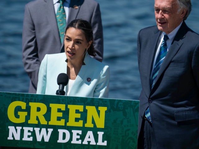Rep. Alexandria Ocasio-Cortez (D-NY) speaks during a news conference held to re-introduce the Green New Deal at the West Front of the U.S. Capitol on April 20, 2021 in Washington, DC. The news conference was held ahead of Earth Day later this week. (Photo by Sarah Silbiger/Getty Images)