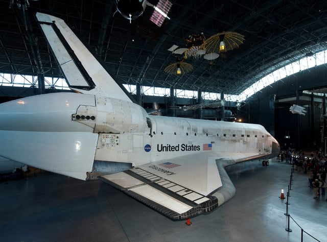 This picture dated April 20, 2012 provided by the Smithsonian National Air and Space Museum shows Space Shuttle Discovery in the James S. McDonnell Space Hangar at the Udvar-Hazy Center in Chantilly, Virginia