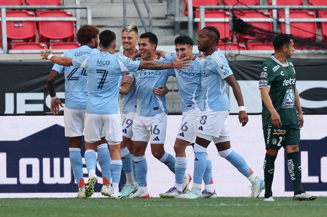 Aug 1, 2025; Harrison, New Jersey, USA; New York City FC forward Alonso Martinez (16) celebrates his goal with teammates during the first half against Club Leon at Sports Illustrated Stadium. Mandatory Credit: Vincent Carchietta-Imagn Images