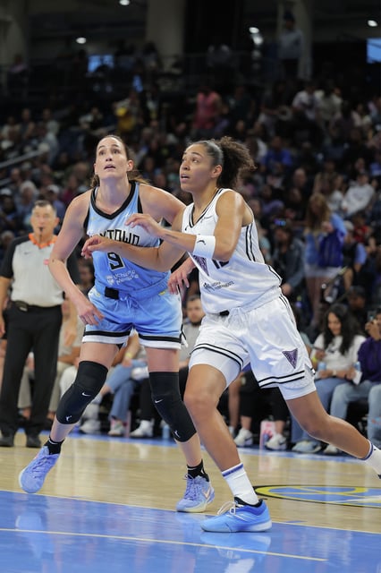 Rebecca Allen #9 of the Chicago Sky box out Iliana Rupert #12 of the Golden State Valkyries during the first half on August 1, 2025 at Wintrust Arena in Chicago, Illinois.