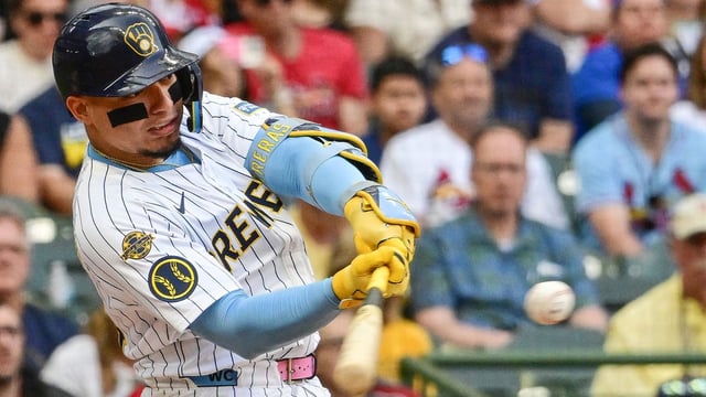 Jun 14, 2025; Milwaukee, Wisconsin, USA; Milwaukee Brewers catcher William Contreras (24) hits a solo home run in the ninth inning against the St. Louis Cardinals at American Family Field. Mandatory Credit: Benny Sieu-Imagn Images