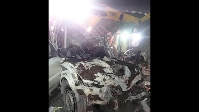 The mangled remains of the vehicle in which Ramnagar SDM and his son were travelling on Friday. Their vehicle was struck by a landslide in the Salukh Ikhtar Nala area of Dharmari in Reasi district. (HT Photo)