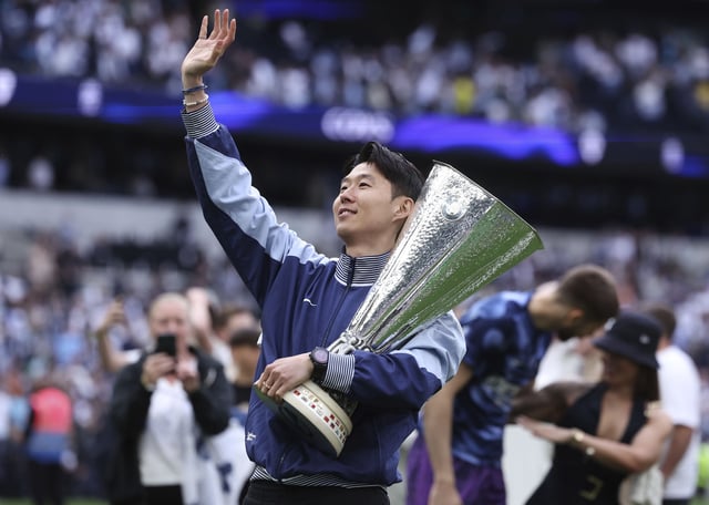 Son Heung-Min of Tottenham Hotspur with the Europa League Trophy after the Tottenham Hotspur vs Brighton and Hove Albion Premier League match at the Tottenham Hotspur Stadium, London, on May 25, 2025.