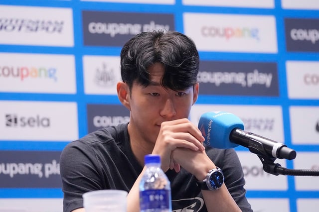 Tottenham Hotspur's Son Heung-min reacts during a press conference ahead of a preseason soccer match between Tottenham Hotspur and Newcastle United in Seoul, South Korea, on August 2, 2025.