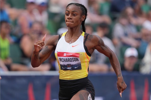 Jul 31, 2025; Eugene, OR, USA; Sha'Carri Richardson places second in women's 100m heat in 11.07 during the USATF Championships at Hayward Field. Mandatory Credit: Kirby Lee-Imagn Images/File Photo