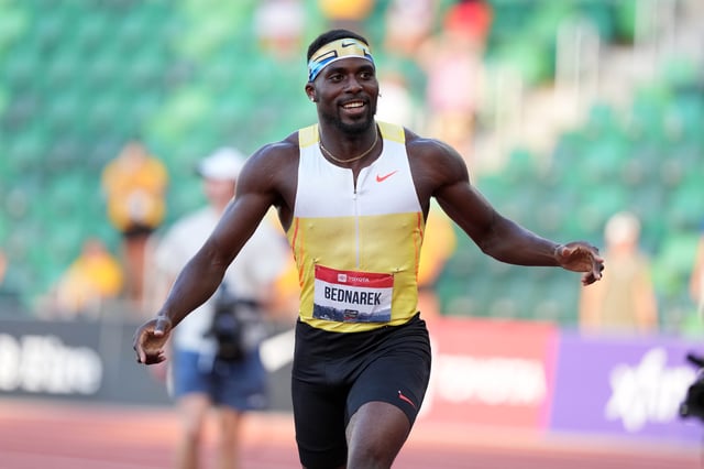 Aug 1, 2025; Eugene, OR, USA; Kenny Bednarek reacts after winnng the 100m in 9.79 during the USATF Championships at Hayward Field. Mandatory Credit: Kirby Lee-Imagn Images