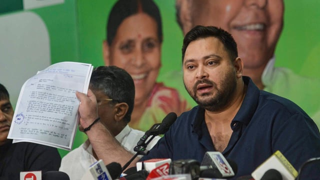 Leader of Opposition in the Bihar Assembly and RJD leader Tejashwi Yadav addresses a press conference, in Patna, Saturday, Aug. 2, 2025. 