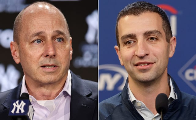 (L-R) Yankees GM Brian Cashman and Mets GM David Stearns. (Getty)