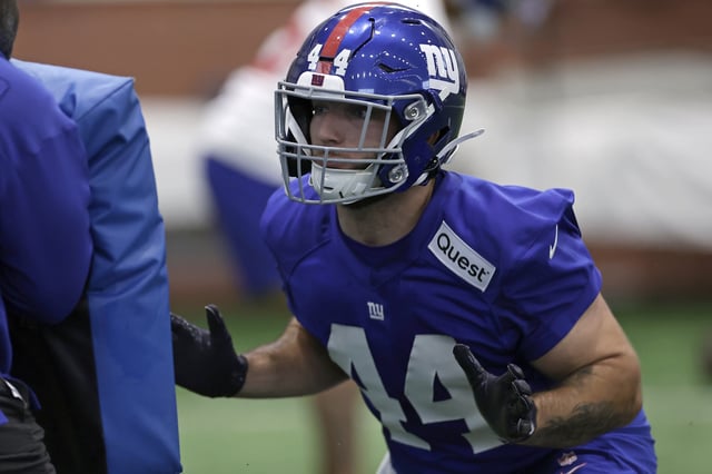 Cam Skattebo #44 of the New York Giants during rookie minicamp at NY Giants Quest Diagnostics Training Center on May 09, 2025 in East Rutherford, New Jersey.