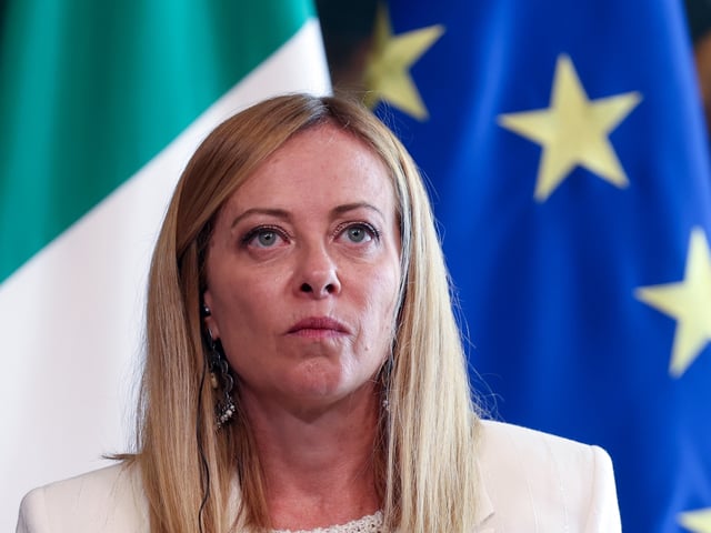 ROME, ITALY - 2025/07/15: Italian Prime Minister Giorgia Meloni speaks to the press after meeting with Austrian Federal Chancellor Christian Stocker (not in view) in Hall of Galeons in Palazzo Chigi. (Photo by Marco Iacobucci/SOPA Images/LightRocket via Getty Images)