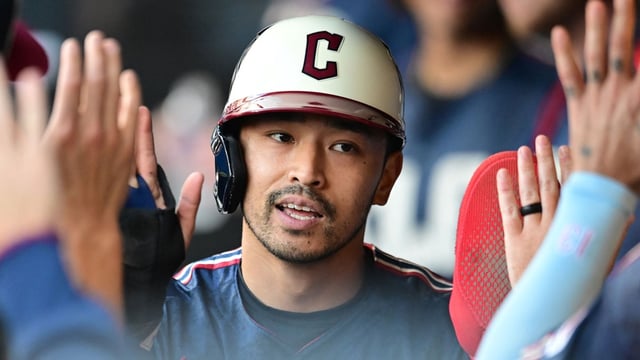 Aug 1, 2025; Cleveland, Ohio, USA; Cleveland Guardians left fielder Steven Kwan (38) celebrates after scoring during the first inning against the Minnesota Twins at Progressive Field. Mandatory Credit: Ken Blaze-Imagn Images