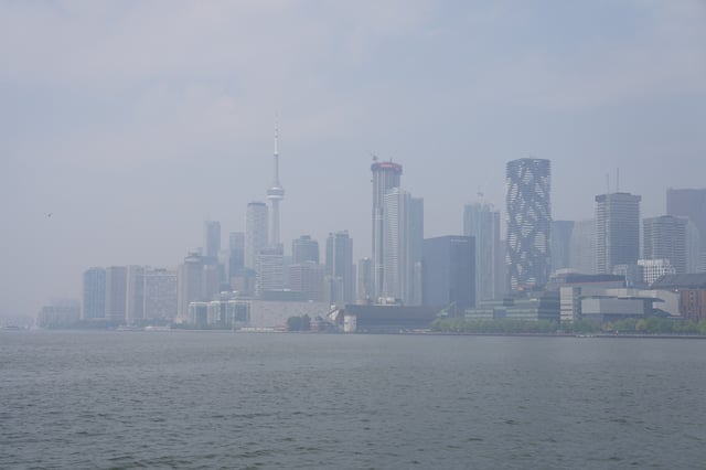 A city view of Toronto on Monday July 14, 2025. The Air Quality Health Index rating for Toronto was over 10, or &#34;very high risk,&#34; from wildfire smoke on Monday morning.