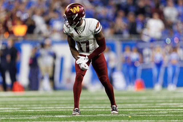 Wide receiver Terry McLaurin #17 of the Washington Commanders gets set during the second half of an NFL football divisional playoff game against the Detroit Lions, at Ford Field on January 18, 2025 in Detroit, Michigan.