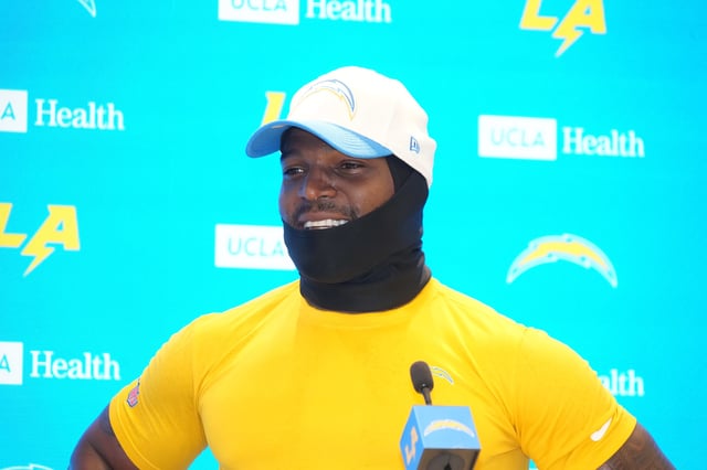 Jul 21, 2025; El Segundo, CA, USA; Los Angeles Chargers linebacker Denzel Perryman at training camp press conference  at The Bolt. Mandatory Credit: Kirby Lee-Imagn Images/File Photo