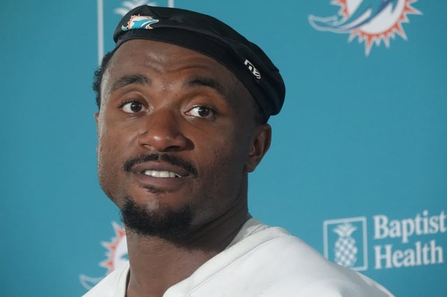 Dolphins offensive tackle Austin Jackson speaks with reporters during training camp. (Joe Cavaretta/South Florida Sun Sentinel)