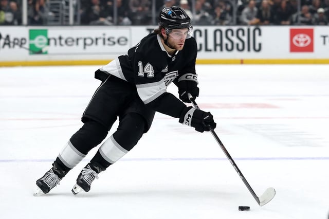 LOS ANGELES, CALIFORNIA - MARCH 15: Alex Laferriere #14 of the Los Angeles Kings in action against the Nashville Predators at Crypto.com Arena on March 15, 2025 in Los Angeles, California. (Photo by Luke Hales/Getty Images)