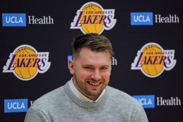 NBA basketball player Luka Doncic reacts as he attends his first press conference after being traded from Dallas Mavericks to Los Angeles Lakers, at the UCLA Health Training Center, in El Segundo, California, U.S., February 4, 2025. REUTERS/Daniel Cole/File Photo
