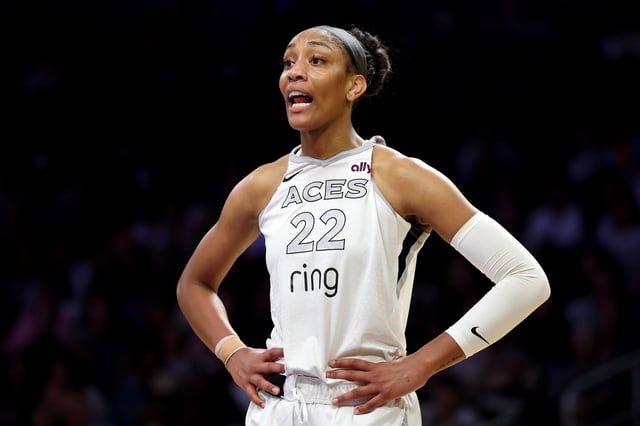 A&#39;ja Wilson #22 of the Las Vegas Aces looks on against the Los Angeles Sparks at Crypto.com Arena on July 29, 2025 in Los Angeles, California. NOTE TO USER: User expressly acknowledges and agrees that, by downloading and or using this photograph, user is consenting to the terms and conditions of the Getty Images License Agreement.