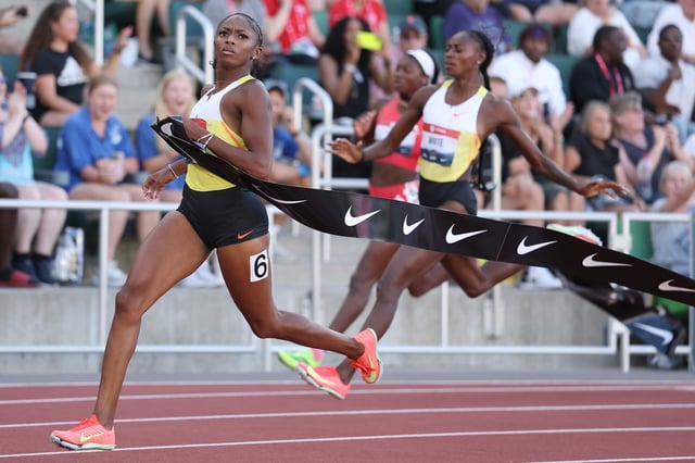 Melissa Jefferson-Wooden (L) wins the gold medal in the Nike Women&#39;s 100m final during the 2025 USATF Outdoor Championships at Hayward Field on August 01, 2025 in Eugene, Oregon.