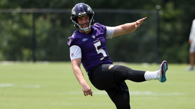 Jun 10, 2025; Baltimore, MD, USA; Baltimore Ravens place kicker John Hoyland (5) kicks during an NFL OTA at Under Armour Performance Center. Mandatory Credit: Daniel Kucin Jr.-Imagn Images