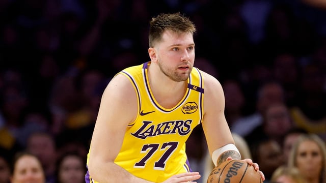 Luka Doncic of the Los Angeles Lakers dribbles during a 103-96 loss to the Minnesota Timberwolves 