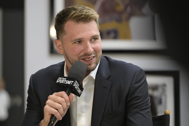 Los Angeles Lakers Luka Doncic is interviewed Spectrum SportsNet following a press conference announcing the signing of his contract extension at UCLA Health Training Center on Aug 2, 2025.