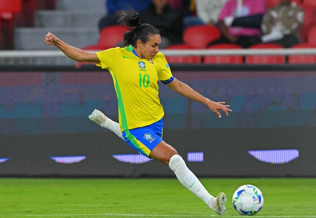 Brazil&#39;s forward #10 Marta kicks the ball during the Women&#39;s Copa America 2025 semifinal football match between Brazil and Uruguay at the Rodrigo Paz Delgado Stadium in Quito on July 29, 2025.