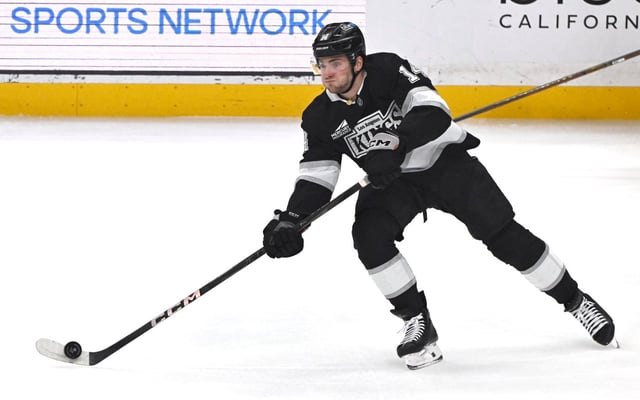The Kings’ Alex Laferriere controls the puck during the first period against the Ducks on April 10, 2025, at Crypto.com Arena. (Photo by Keith Birmingham, Orange County Register/SCNG)
