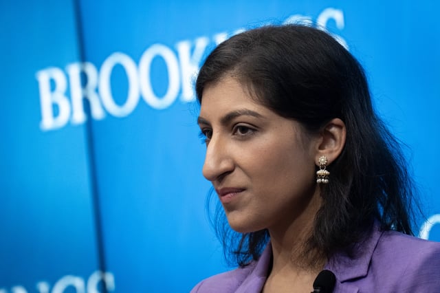 WASHINGTON, DC - OCTOBER 4: Federal Trade Commission Chair Lina Khan speaks during a discussion on antitrust reforms at the Brookings Institution October 4, 2023 in Washington, DC. Khan assumed the role of FTC chair in June 2021 after being appointed by U.S. President Joe Biden and confirmed by the Senate. (Photo by Drew Angerer/Getty Images)