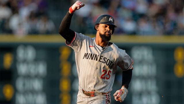 Jul 18, 2025; Denver, Colorado, USA; Minnesota Twins center fielder Byron Buxton (25) gestures as he rounds the bases on a solo home run in the fifth inning against the Colorado Rockies at Coors Field. Mandatory Credit: Isaiah J. Downing-Imagn Images