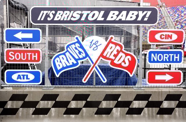 A detail of a sign prior to the MLB Speedway Classic between the Atlanta Braves and the Cincinnati Reds at Bristol Motor Speedway on August 02, 2025 in Bristol, Tennessee.