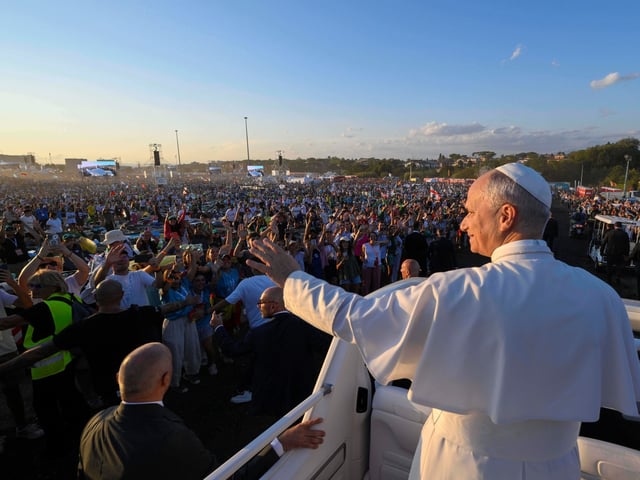 Pope Leo XIV arrives for a prayer vigil during the Jubilee of Youth at the Tor Vergata field in Rome, Saturday, Aug. 2, 2025. (Vatican Media via AP)