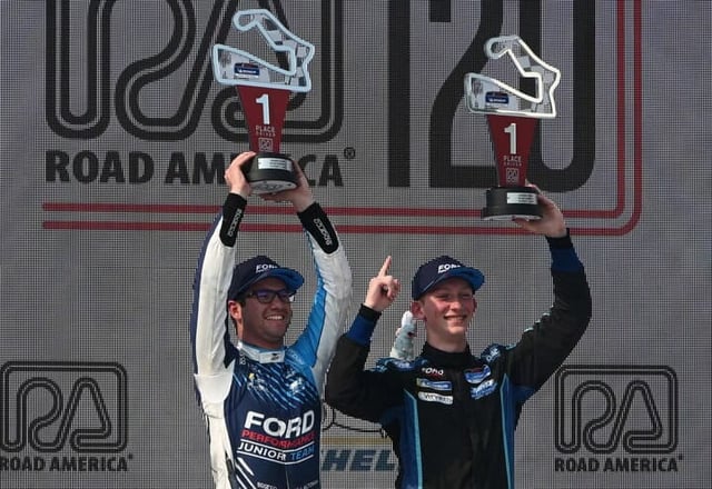 Nate Cicero and Jenson Altzman celebrate their victory in the IMSA Michelin Pilot Challenge Road America 120, 8/2/2025 (Photo: Phil Allaway)