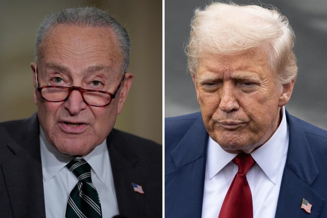 Senate Minority Leader Charles Schumer (D-NY) (R) talks to reporters following the weekly Democratic Senate policy luncheon at the U.S. Capitol on July 29, 2025 in Washington, DC. // U.S. President Donald Trump speaks to the media before boarding Marine One on the South Lawn of the White House in Washington D.C., on August 01, 2025.