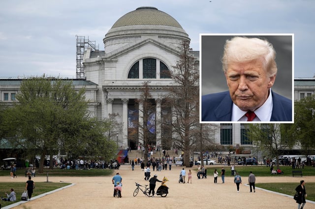 The Smithsonian National Museum of Natural History is seen on the National Mall on March 28, 2025 in Washington, DC. INSET: U.S. President Donald Trump speaks to the media before boarding Marine One on the South Lawn of the White House in Washington D.C., on August 01, 2025.