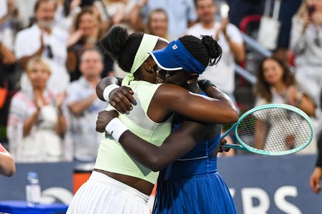 Aug 2, 2025; Montreal, QC, Canada; Coco Gauff (USA) congratulates Victoria Mboko (CAN) for her win in a fourth round match at IGA Stadium. Mandatory Credit: David Kirouac-Imagn Images