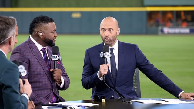 Oct 16, 2023; Houston, Texas, USA; Derek Jeter and David Ortiz speak on the Fox pregame show before game two between the Texas Rangers and the Houston Astros in the ALCS for the 2023 MLB playoffs at Minute Maid Park. Mandatory Credit: Thomas Shea-Imagn Images