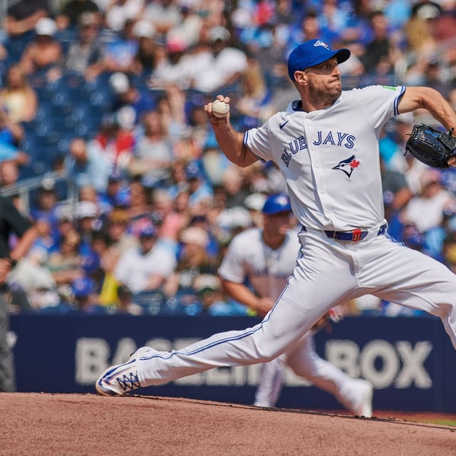 Toronto Blue Jays pitcher Max Scherzer (31) throws against the Kansas City Royals during first inning MLB baseball action in Toronto, on Saturday, Aug. 2, 2025. THE CANADIAN PRESS/Sammy Kogan