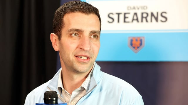 Feb 15, 2024; Tampa, FL, USA; New York Mets president of baseball operations David Stearns talks with media at George M. Steinbrenner Field. Mandatory Credit: Kim Klement Neitzel-Imagn Images