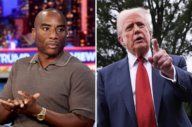Charlamagne tha God appears on &#34;My View With Lara Trump&#34; at Fox News Studios on July 31, 2025 in New York City, and U.S. President Donald Trump speaks to the media as he departs the White House on August 1, 2025 in Washington, D.C.