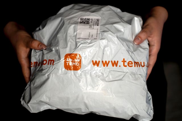 A person holds a package from Temu in 2024.