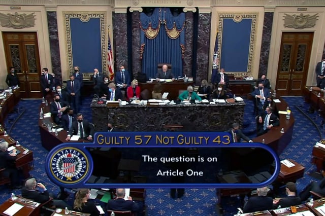 In this screenshot taken from a congress.gov webcast, Senate votes 57-43 to acquit on the fifth day of former President Donald Trump's second impeachment trial at the U.S. Capitol on February 13, 2021 in Washington, DC. 
