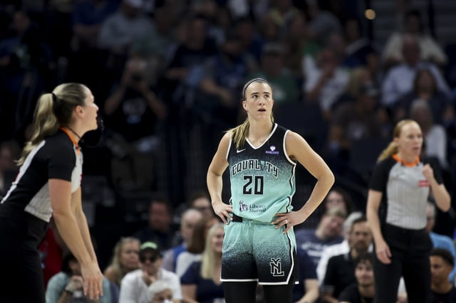 Sabrina Ionescu #20 of the New York Liberty reacts in the third quarter against the Minnesota Lynx at Target Center on July 30, 2025 in Minneapolis, Minnesota.