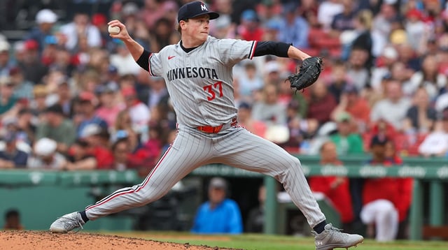 May 4, 2025; Boston, Massachusetts, USA; Minnesota Twins relief pitcher Louie Varland (37) delivers a pitch during the seventh inning against the Boston Red Sox at Fenway Park. Mandatory Credit: Paul Rutherford-Imagn Images