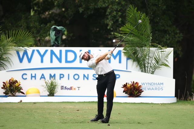 Cameron Young of the United States plays his shot from the 13th tee during the third round of the Wyndham Championship 2025 at Sedgefield Country Club on August 02, 2025 in Greensboro, North Carolina.