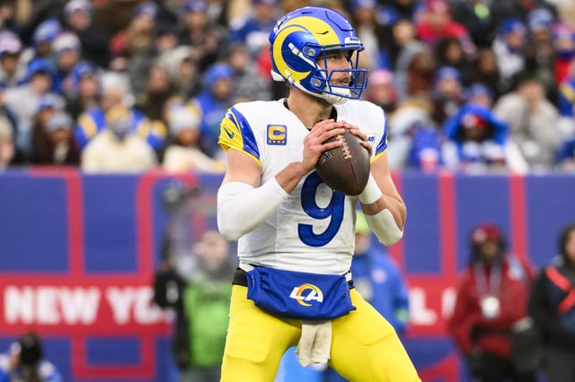 Matthew Stafford #9 of the Los Angeles Rams throws the ball during the game against the New York Giants at MetLife Stadium on December 31, 2023 in East Rutherford, New Jersey.