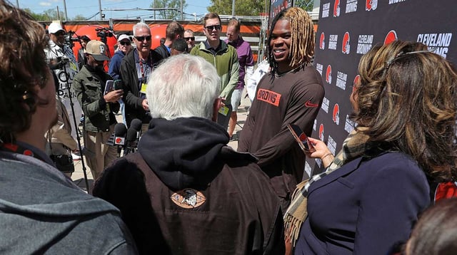 Cleveland Browns running back Quinshon Judkins (10) takes questions from reporters during NFL rookie minicamp at the Cleveland Browns training facility on Friday, May 9, 2025, in Berea, Ohio. Jeff Lange / USA TODAY NETWORK via Imagn Images