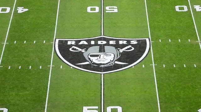 Dec 16, 2024; Paradise, Nevada, USA; The Las Vegas Raiders shield logo at midfield at Allegiant Stadium. Mandatory Credit: Kirby Lee-Imagn Images